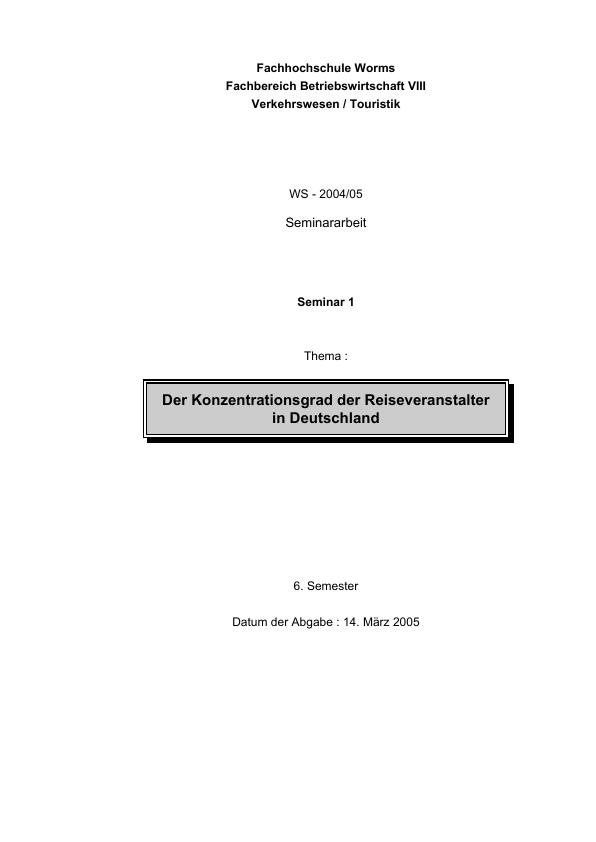 Título: Der Konzentrationsgrad der Reiseveranstalter in Deutschland