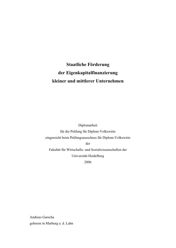 Title: Förderung der Eigenkapitalfinanzierung kleiner und mittlerer Unternehmen in Deutschland