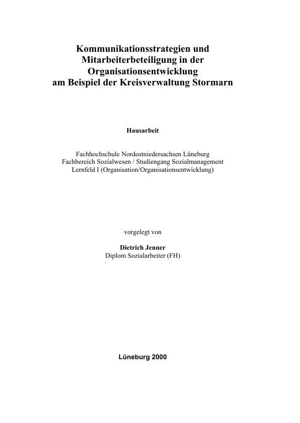Titre: Kommunikationsstrategien und Mitarbeiterbeteiligung in der Organisationsentwicklung am Beispiel der Kreisverwaltung Stormarn