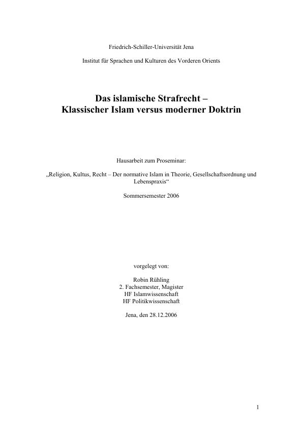 Titre: Das islamische Strafrecht - Klassischer Islam versus moderner Doktrin