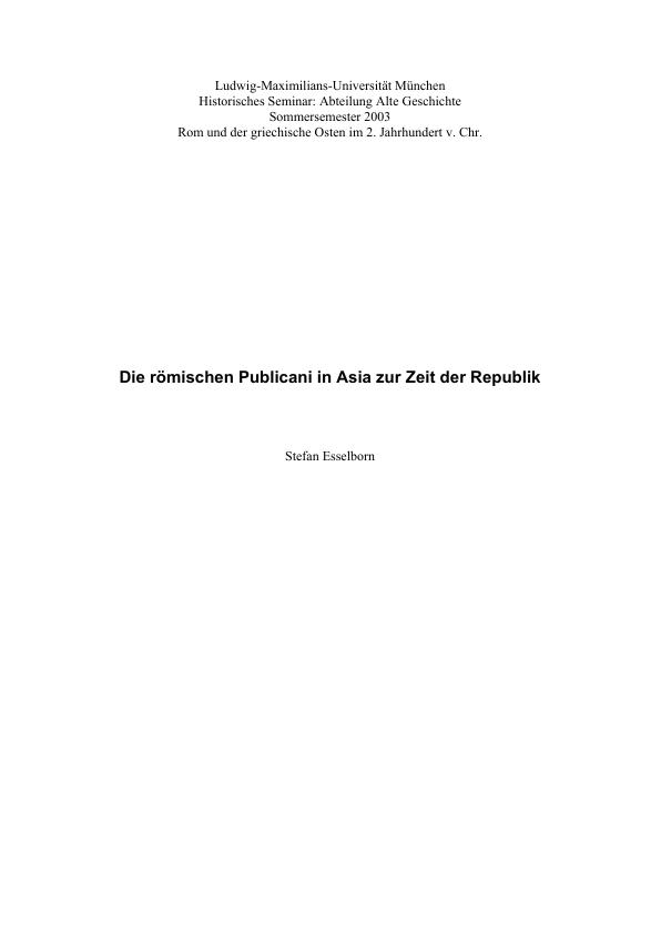 Titel: Die römischen Publicani in Asia zur Zeit der Republik