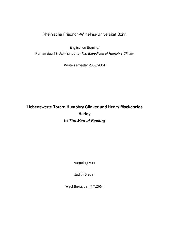 Título: Liebenswerte Toren: Humphry Clinker und Henry Mackenzies Harley in "The Man of Feeling"