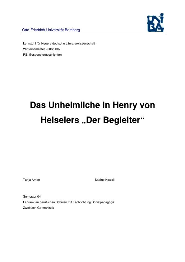 Titel: Das Unheimliche in Henry von Heiselers "Der Begleiter"