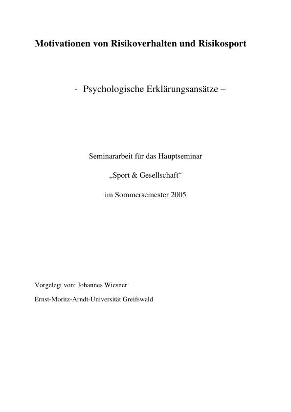 Titre: Psychologie von Risikoverhalten und Sport