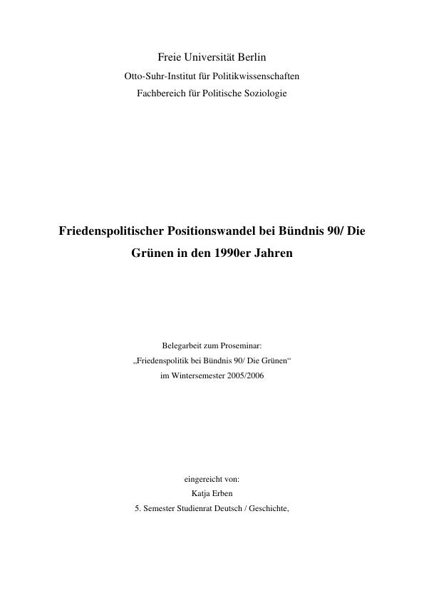 Título: Friedenspolitischer Positionswandel bei Bündnis 90/ Die Grünen in den 1990er Jahren