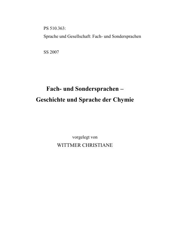 Titel: Fach- und Sondersprachen: Geschichte und Sprache der Chymie