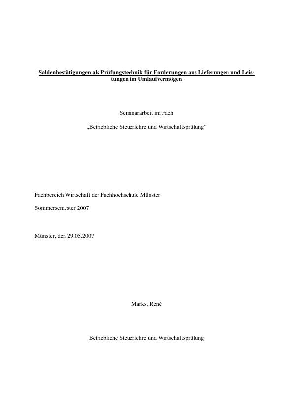 Titel: Saldenbestätigung als Prüfungstechnik für Forderungen aus Lieferungen und Leistungen im Umlaufvermögen
