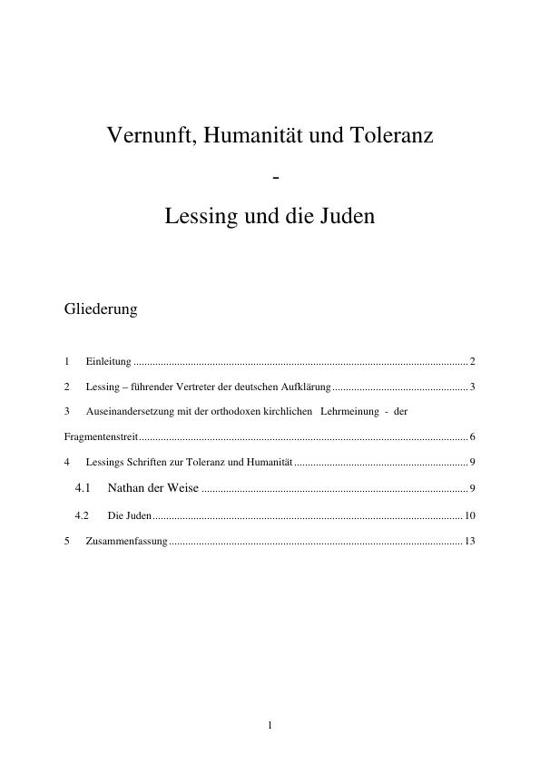 Titel: Vernunft, Humanität und Toleranz   -  Lessing und die Juden  