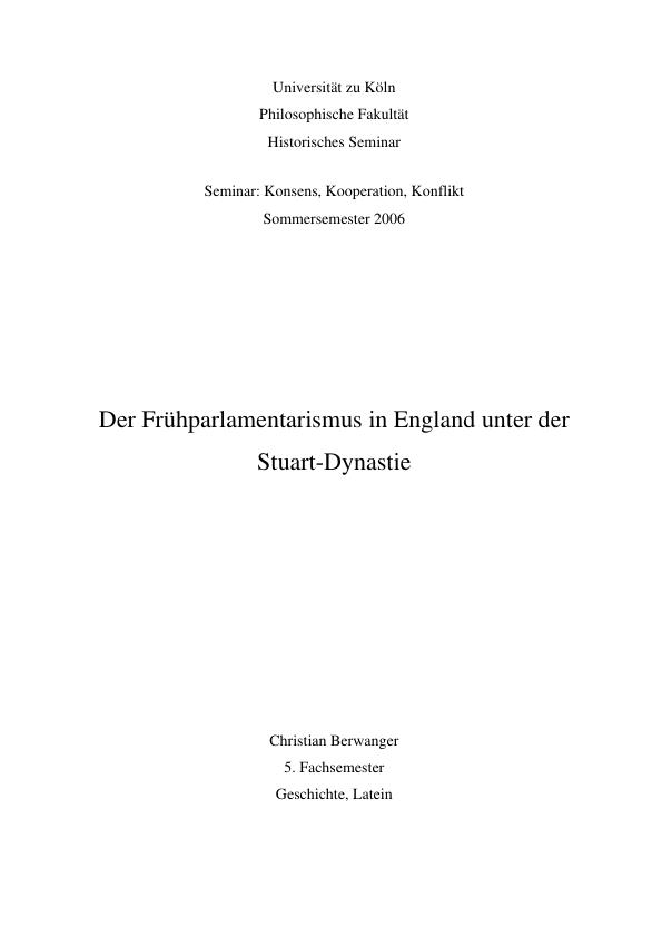 Titel: Der Frühparlamentarismus in England unter der Stuart-Dynastie