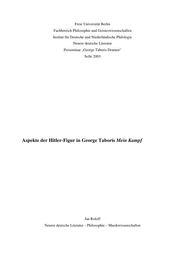 Titel: Aspekte der Hitler-Figur in George Taboris 'Mein Kampf'