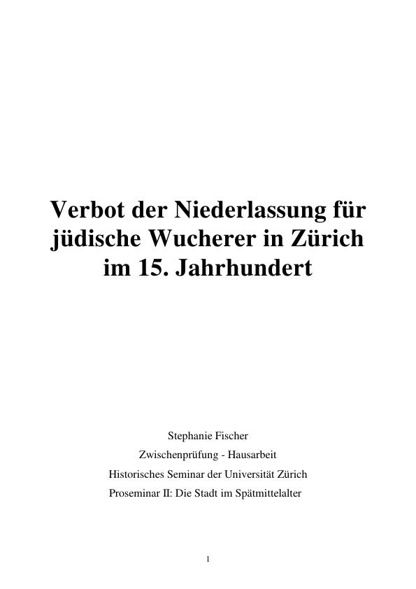 Titel: Verbot der Niederlassung für jüdische Wucherer in Zürich im 15. Jahrhundert