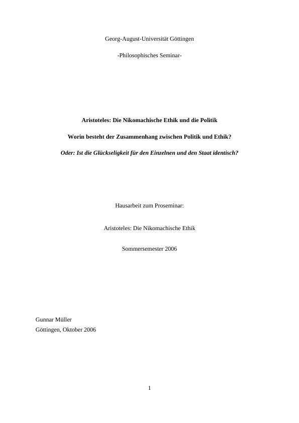 Titel: Aristoteles: Die Nikomachische Ethik und die Politik