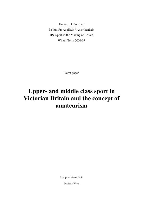 Title: Upper- and middle class sport in Victorian Britain and the concept of amateurism