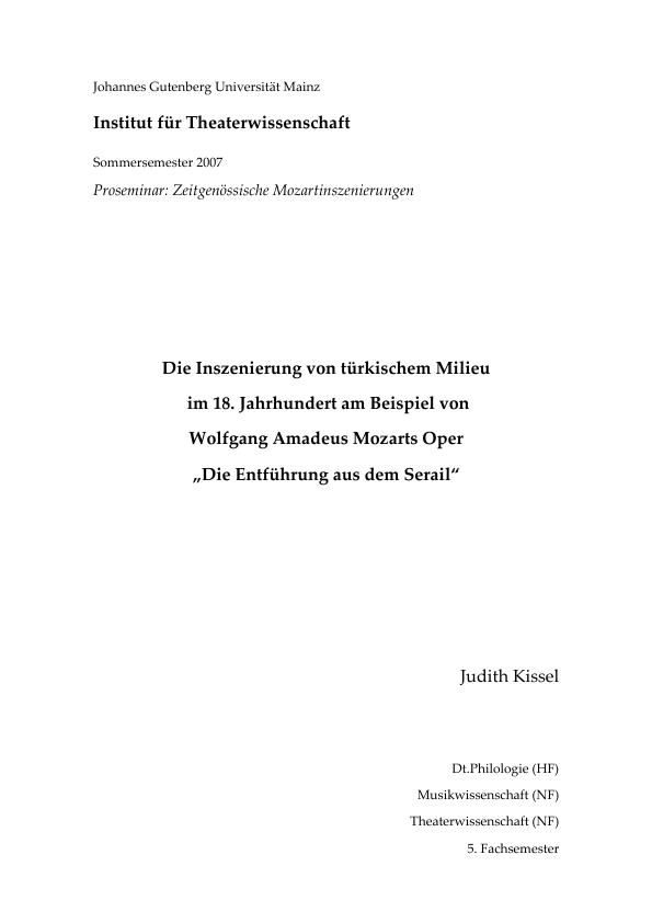 Title: Die Inszenierung von türkischem Milieu in W.A Mozarts "Die Entführung aus dem Serail"