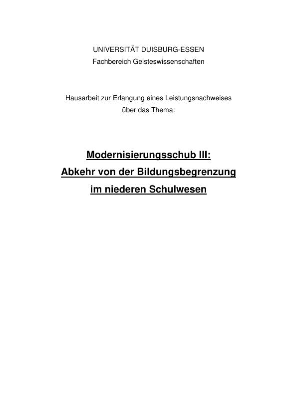 Titel: Modernisierungsschub III: Abkehr von der Bildungsbegrenzung im niederen Schulwesen