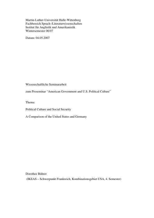 Title: Political culture and social security - A comparison of the United States and Germany