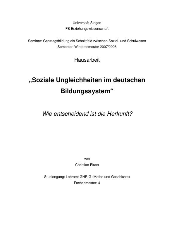 Soziale Ungleichheiten Im Deutschen Bildungssystem - GRIN | Grin