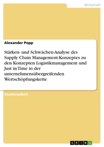 Titel: Stärken- und Schwächen-Analyse des Supply Chain Management-Konzeptes zu den Konzepten Logistikmanagement und Just in Time in der unternehmensübergreifenden Wertschöpfungskette