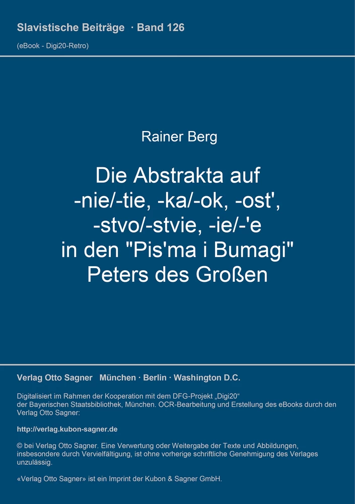 Titel: Die Abstrakta auf -nie/-tie, -ka/-ok, -ost', -stvo/-stvie, -ie/-'e in den "Pis'ma i Bumagi" Peters des Großen