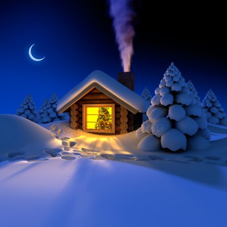 Kleines Haus im Wald am Silvester-Abend — Stockfoto