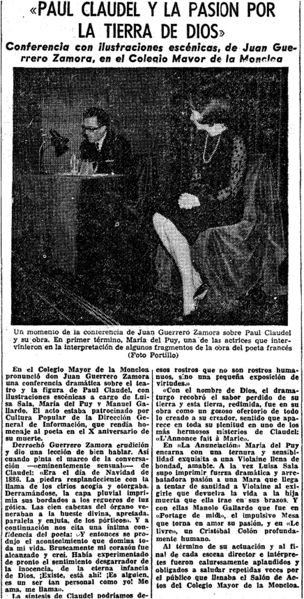 Fig. 2:Recorte de La Vanguardia (25-III-1965: 13), que se hace eco del acto en homenaje a Paul Claudel en que Guerrero Zamora habló de su obra y que acompañó de lecturas dramatizadas por varios actores. La conferencia tenía el mismo título que su capítulo publicado en 1961 sobre el autor e incluido en el volumen 2 de su Historia del teatro contemporáneo. Fuente: Hemeroteca de La Vanguardia.