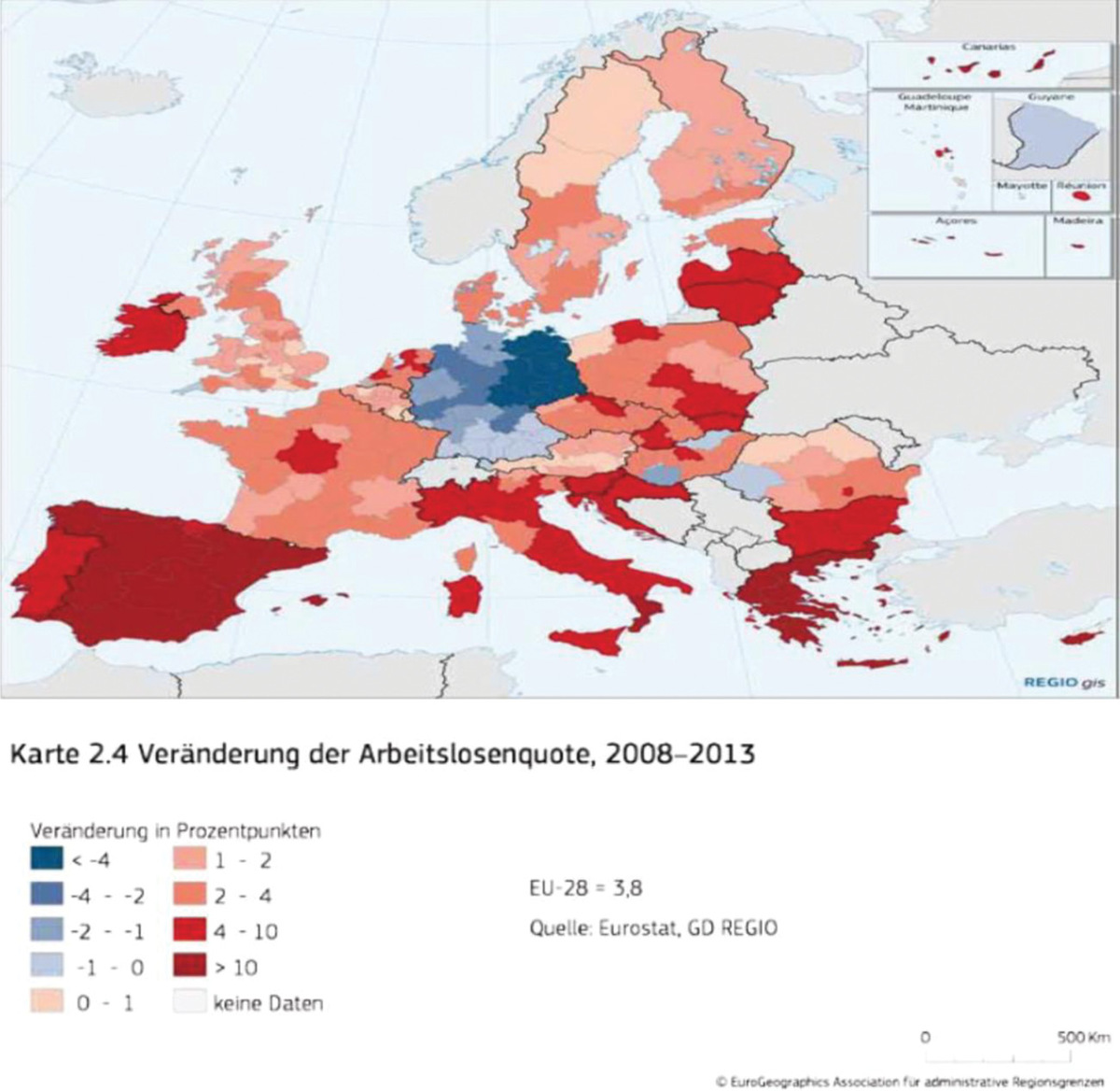 Abbildung 2:Veränderung der Arbeitslosenquoten der EU-Staaten, 2008–2013.