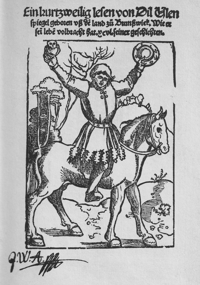 Ulenspiegel. Holzschnitt von Hans Baldung Grien (1515). Quelle: Ein kurtzweilig Lesen von Dil Ulenspiegel in der Druckausgabe von 1515. Titelholzschnitt nach der von Anneliese Schmitt kommentierten Faksimileausgabe. Leipzig 1979.