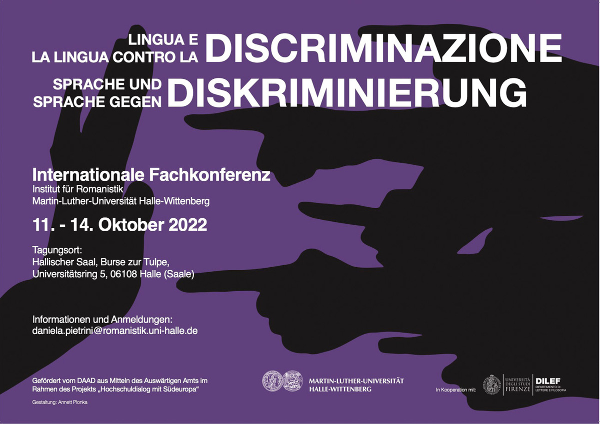 Figura 1:Locandina del convegno internazionale Lingua e discriminazione – La lingua contro la discriminazione. Realizzazione grafica: Annett Plonka.