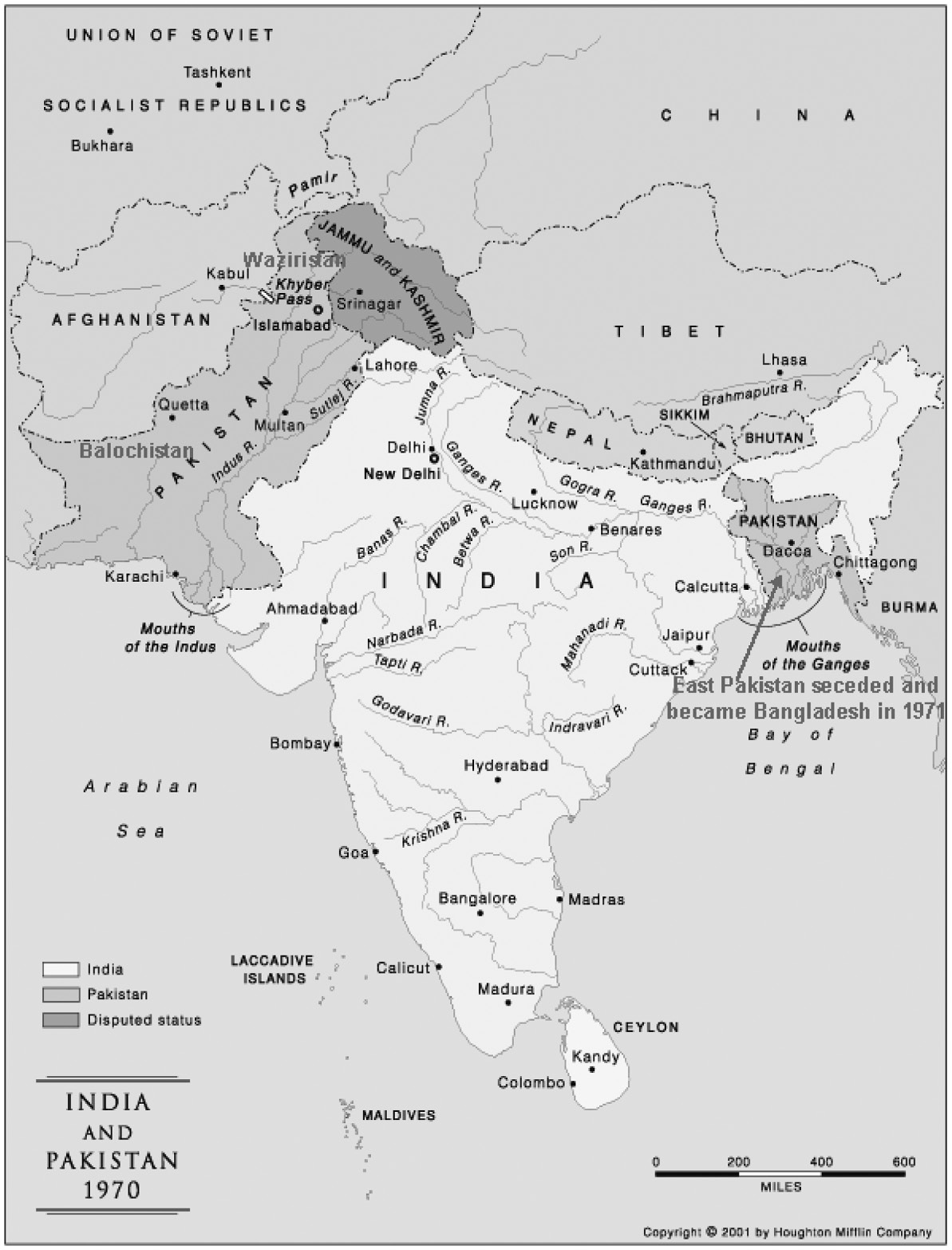 Map of South Asia showing East and West of Pakistan before 1971© 2001 Houghton Mifflin Company