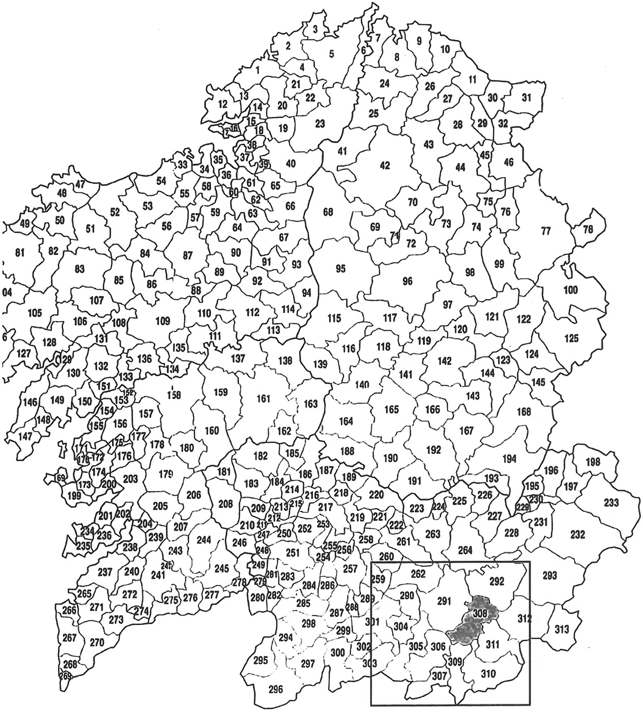 Mapa 1:Comarca de Verín e municipios de Galicia