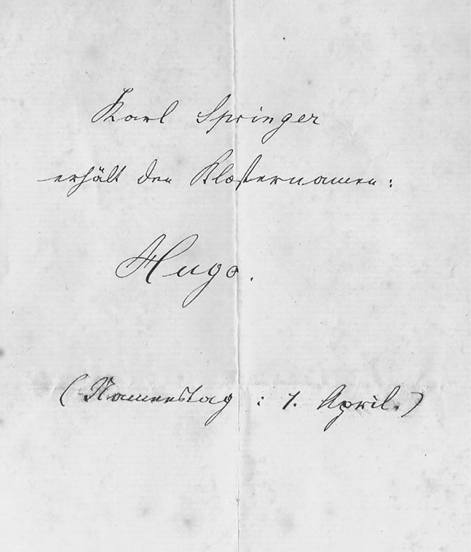 Abb. 4:Die Vergabe des Ordensnamens „Hugo“ für den Novizen Karl Springer durch den Abt (handschriftliches Original).22