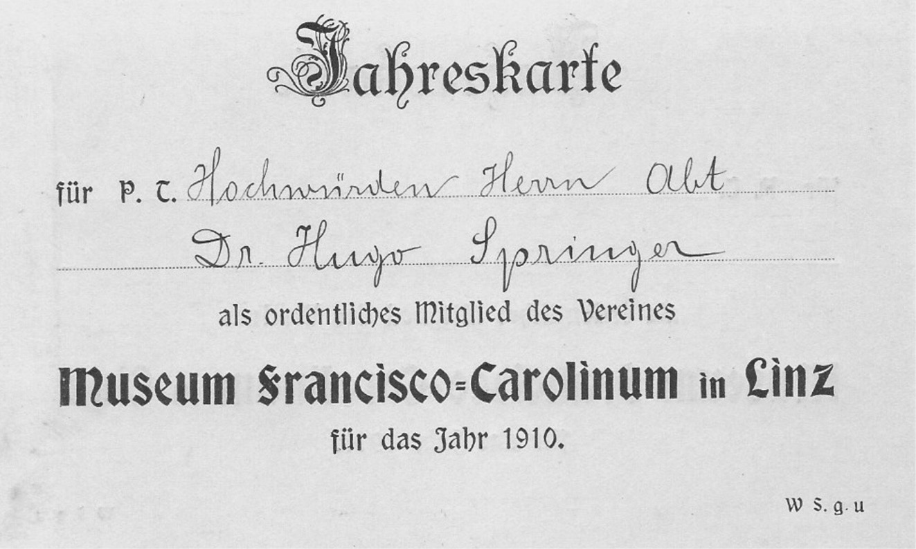 Abb. 11:Jahresmitgliedskarte des Vereines Museum Francisco-Carolinum in Linz 1910