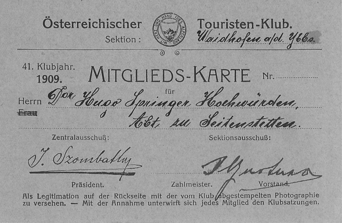 Abb. 12:Mitgliedskarte vom Österreichischen Touristen-Klub, Sektion Waidhofen an der Ybbs. 1909