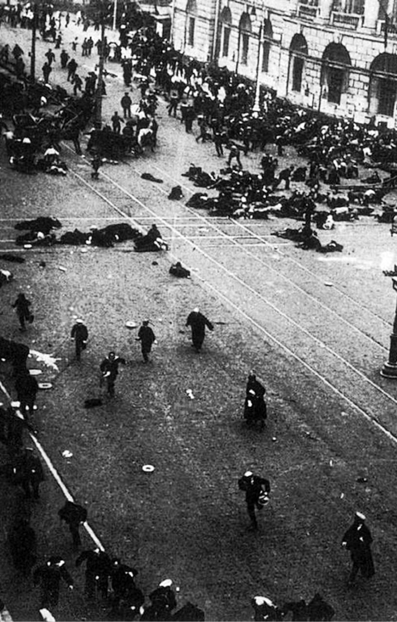 Petrograd am 4. Juli 1917: Arbeiter und Bauern werden während einer Demonstration niedergeschossen (Foto Viktor Bulla)