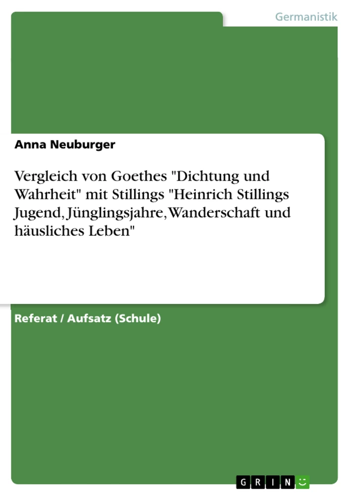 Titel: Vergleich von Goethes "Dichtung und Wahrheit" mit Stillings "Heinrich Stillings Jugend, Jünglingsjahre, Wanderschaft und häusliches Leben"