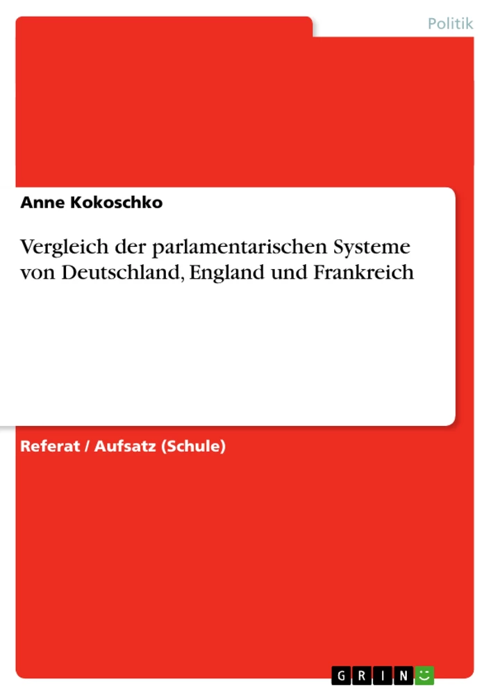 Titel: Vergleich der parlamentarischen Systeme von Deutschland, England und Frankreich