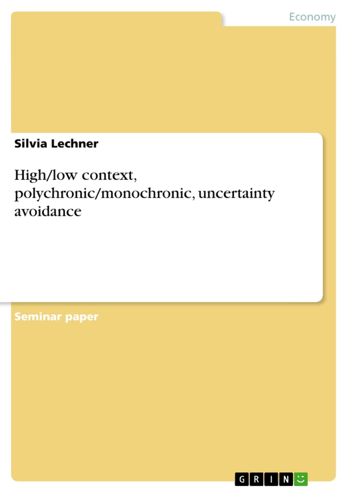 Titel: High/low context, polychronic/monochronic, uncertainty avoidance