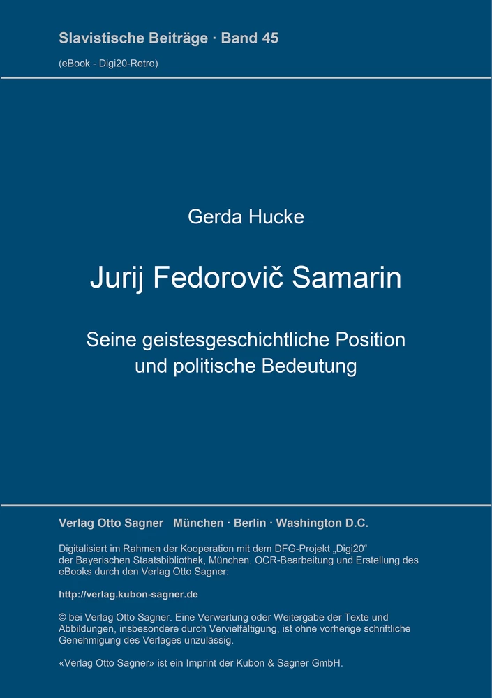 Titel: Jurij Fedorovič Samarin. Seine geistesgeschichtliche Position und politische Bedeutung
