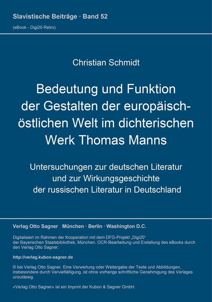 Titel: Bedeutung und Funktion der Gestalten der europäisch-östlichen Welt im dichterischen Werk Thomas Manns