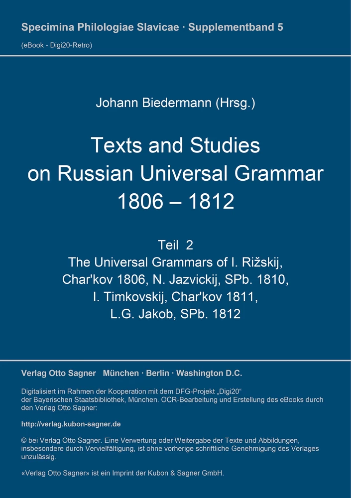 Titel: Texts and studies on Russian universal grammar 1806 - 1812