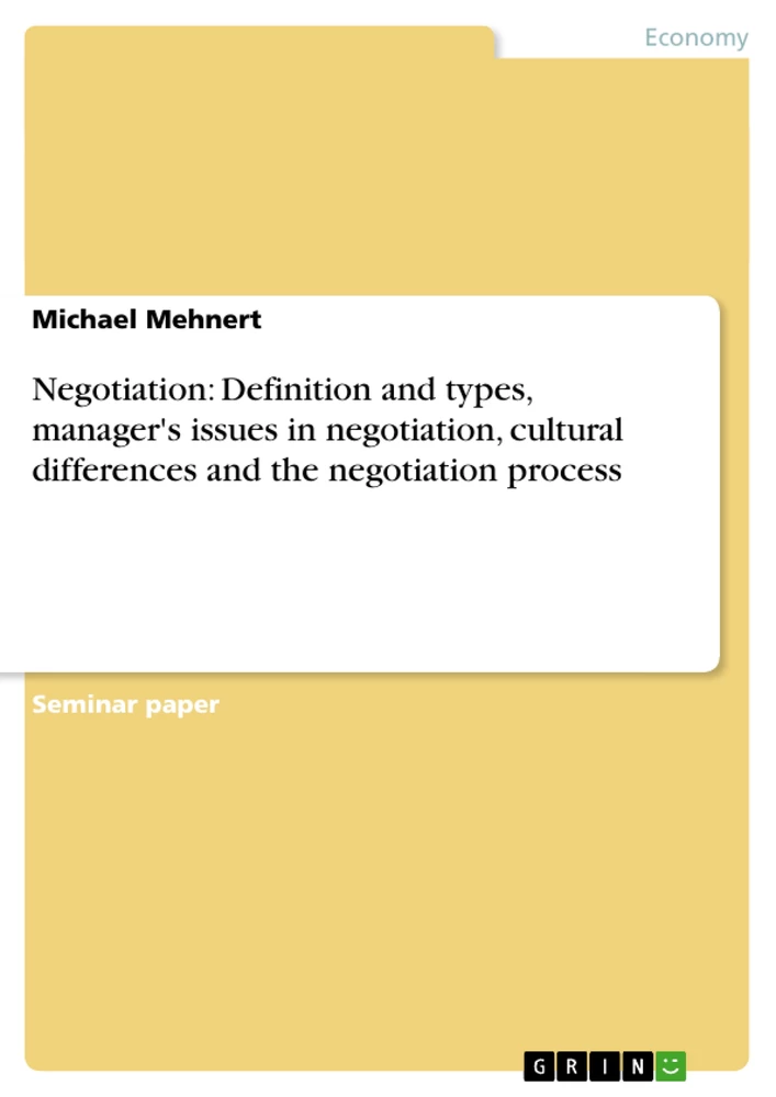 Titel: Negotiation: Definition and types, manager's issues in negotiation, cultural differences and the negotiation process