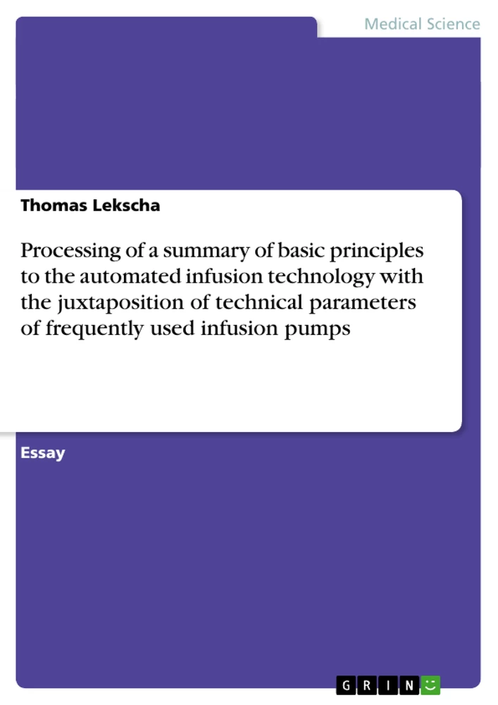 Title: Processing of a summary of basic principles to the automated infusion technology with the juxtaposition of technical parameters of frequently used infusion pumps