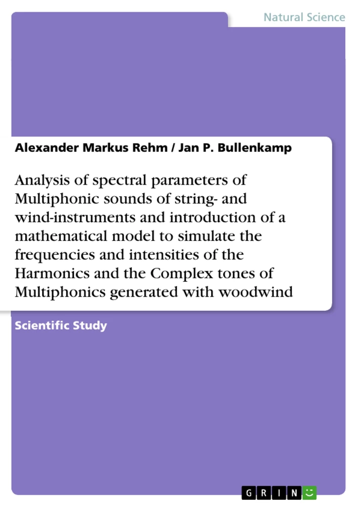 Title: Analysis of spectral parameters of Multiphonic sounds of string- and wind-instruments and introduction of a mathematical model to simulate the frequencies and intensities of the Harmonics and the Complex tones of Multiphonics generated with woodwind