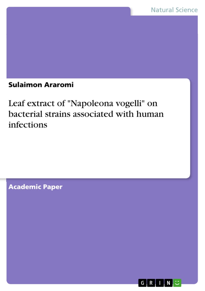 Titre: Leaf extract of "Napoleona vogelli" on bacterial strains associated with human infections