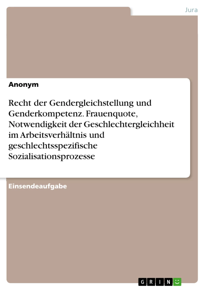 Title: Recht der Gendergleichstellung und Genderkompetenz. Frauenquote, Notwendigkeit der Geschlechtergleichheit im Arbeitsverhältnis und geschlechtsspezifische Sozialisationsprozesse