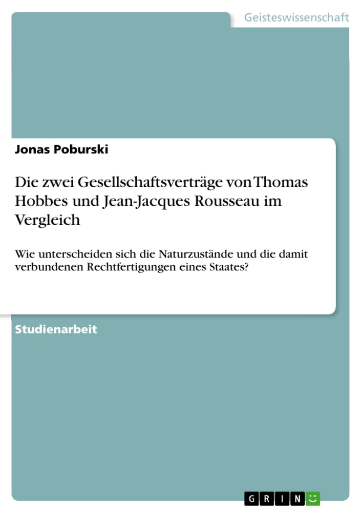 Titre: Die zwei Gesellschaftsverträge von Thomas Hobbes und Jean-Jacques Rousseau im Vergleich