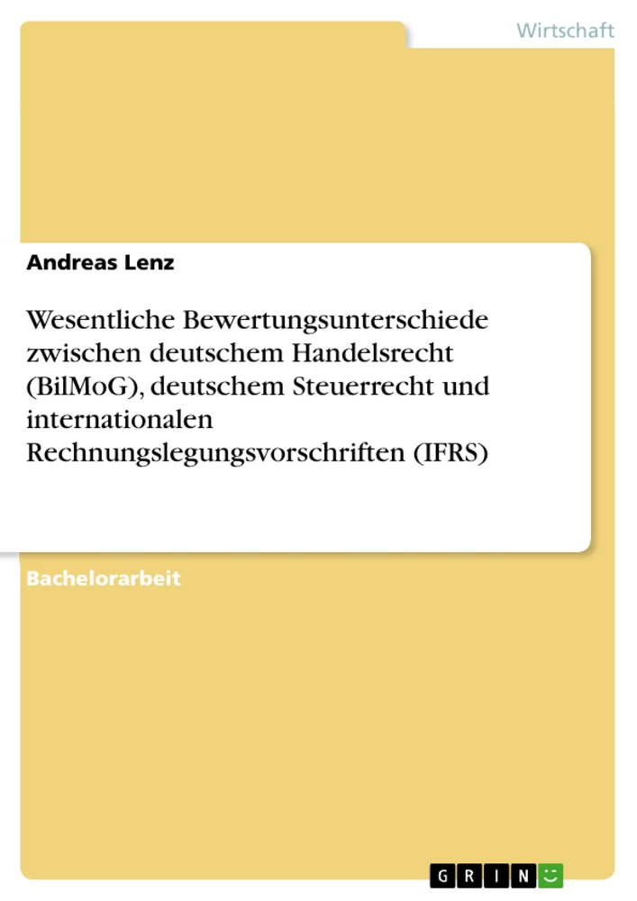 Title: Wesentliche Bewertungsunterschiede zwischen deutschem Handelsrecht (BilMoG), deutschem Steuerrecht und internationalen Rechnungslegungsvorschriften (IFRS)