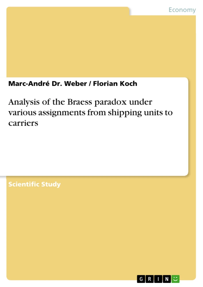 Titel: Analysis of the Braess paradox under various assignments from shipping units to carriers
