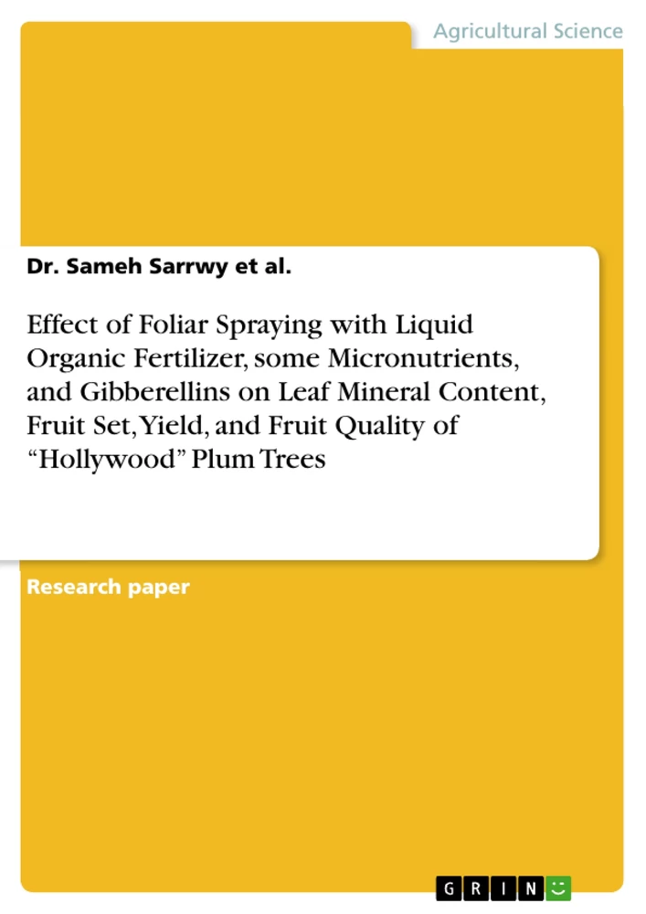 Titel: Effect of Foliar Spraying with Liquid Organic Fertilizer, some Micronutrients, and Gibberellins on Leaf Mineral Content, Fruit Set, Yield, and Fruit Quality of “Hollywood” Plum Trees