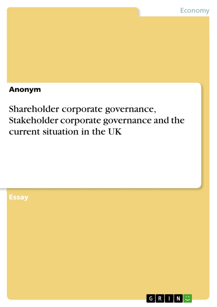 Title: Shareholder corporate governance, Stakeholder corporate governance and the current situation in the UK